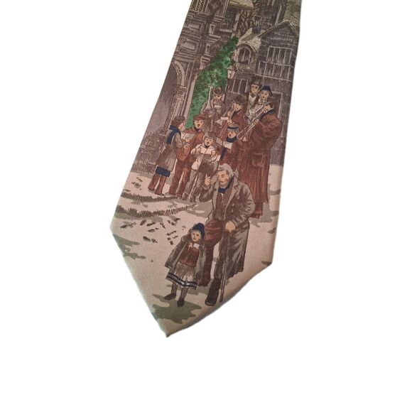 Vintage Lands End Mens Silk Tie Victorian Era Street Carolers Holiday Themed - Picture 1 of 6